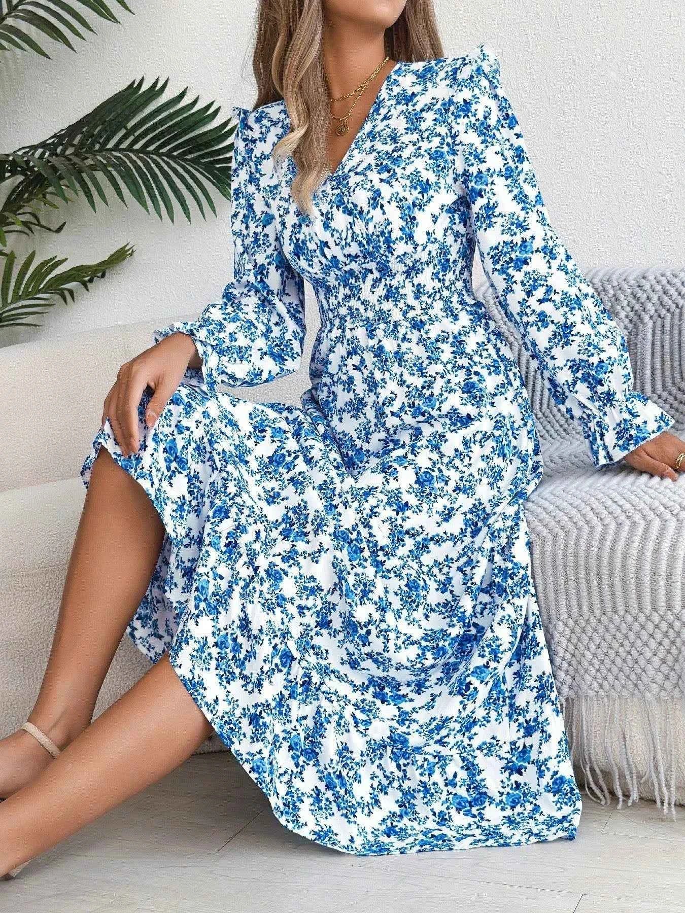 Ruffled Floral V-Neck Flounce Sleeve Dress