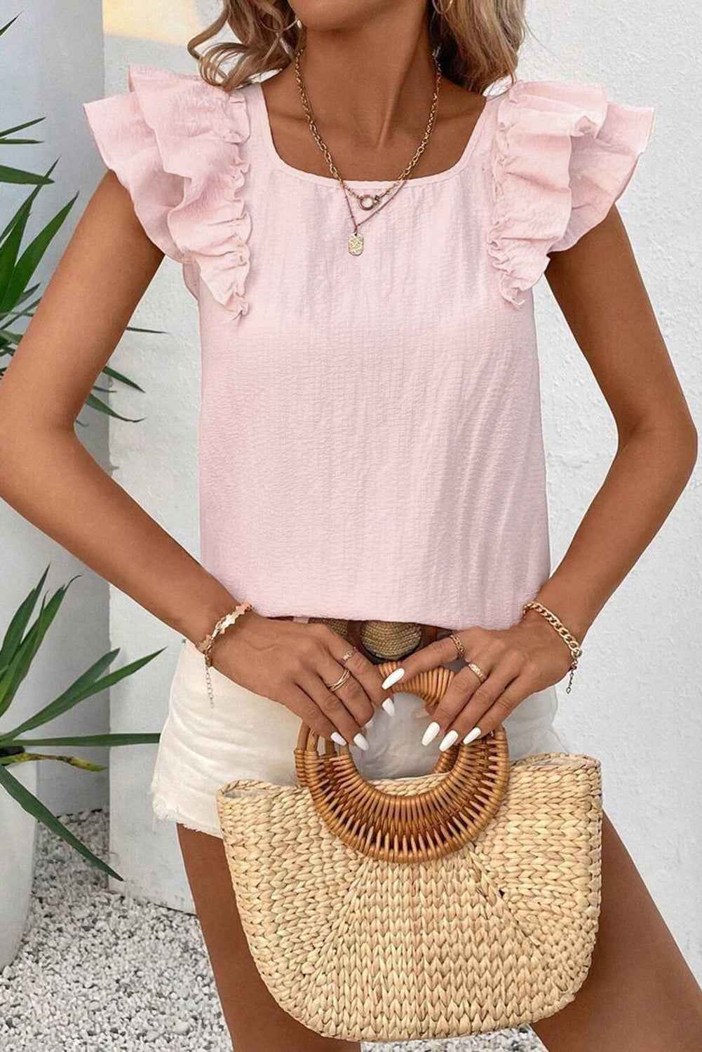 Gossamer Pink Textured Bow Frilled Ruffle Sleeve Blouse