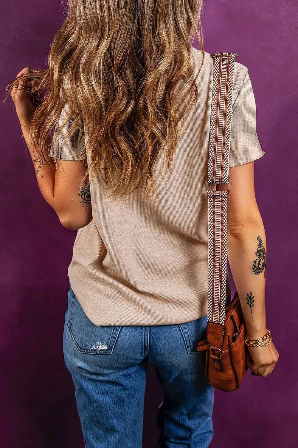 Short Sleeve Half Button Ribbed Knit Top