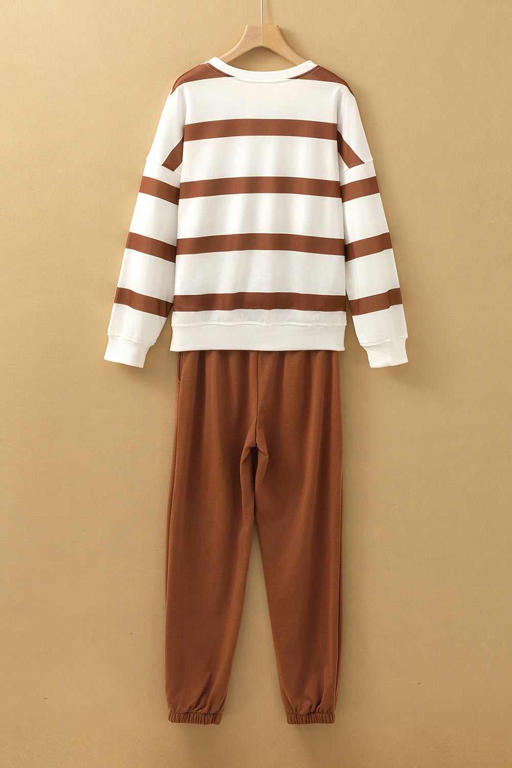 Light French Beige Striped Drop Shoulder Pullover and Joggers Set - The Eggy's store