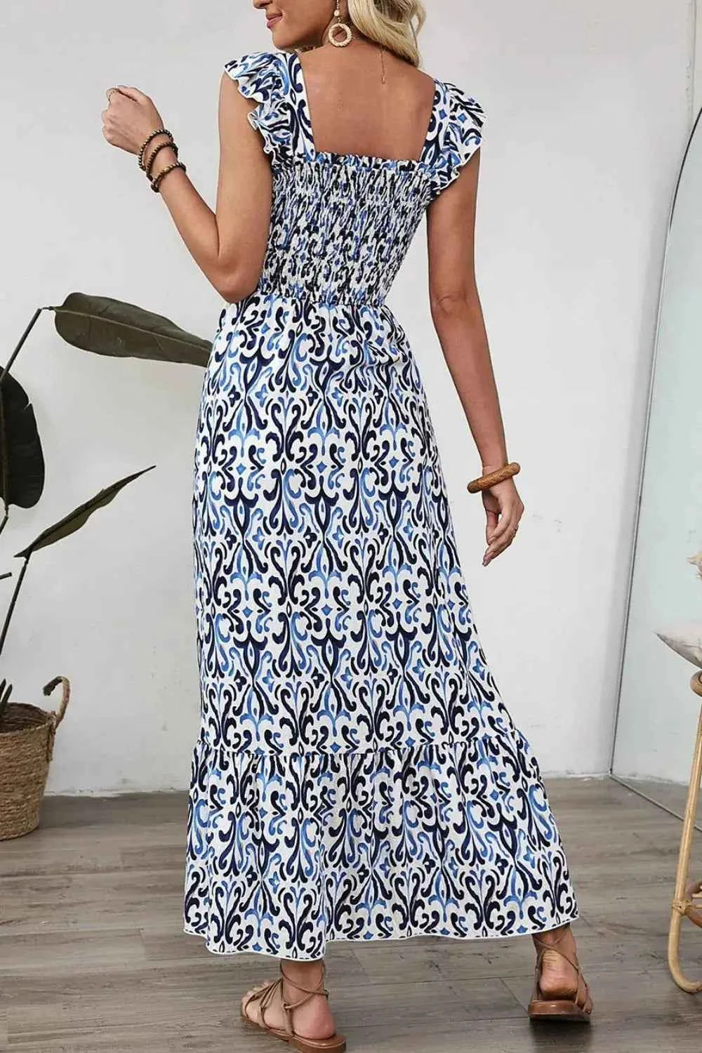 Smocked Printed Square Neck Boho Tiered Midi Dress