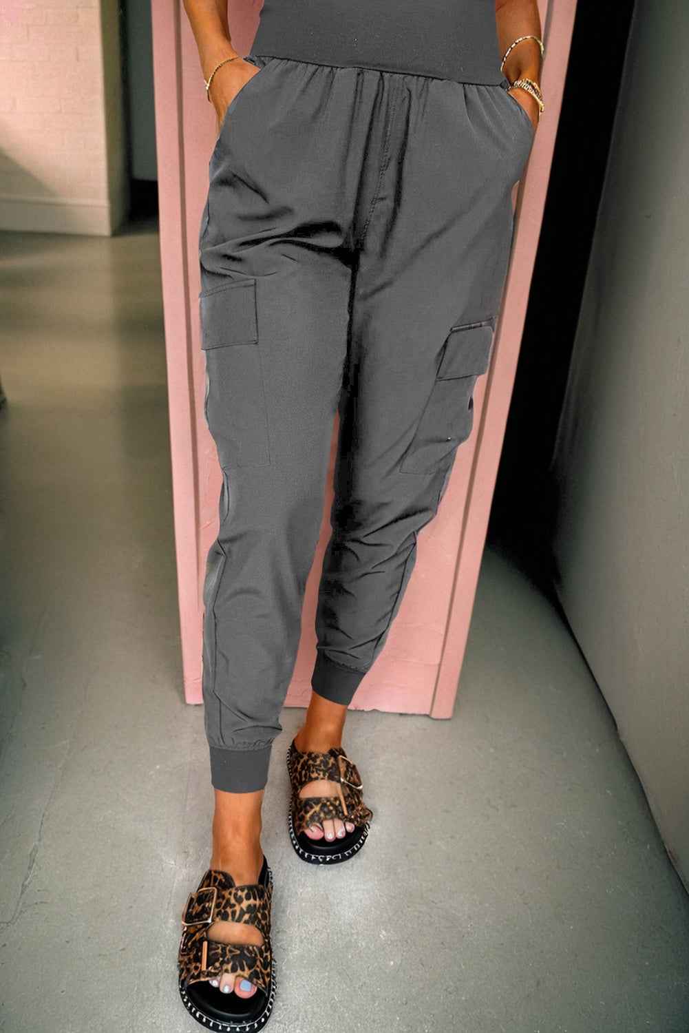 Solid Elastic High Waist Pocketed Cargo Jogger Pants