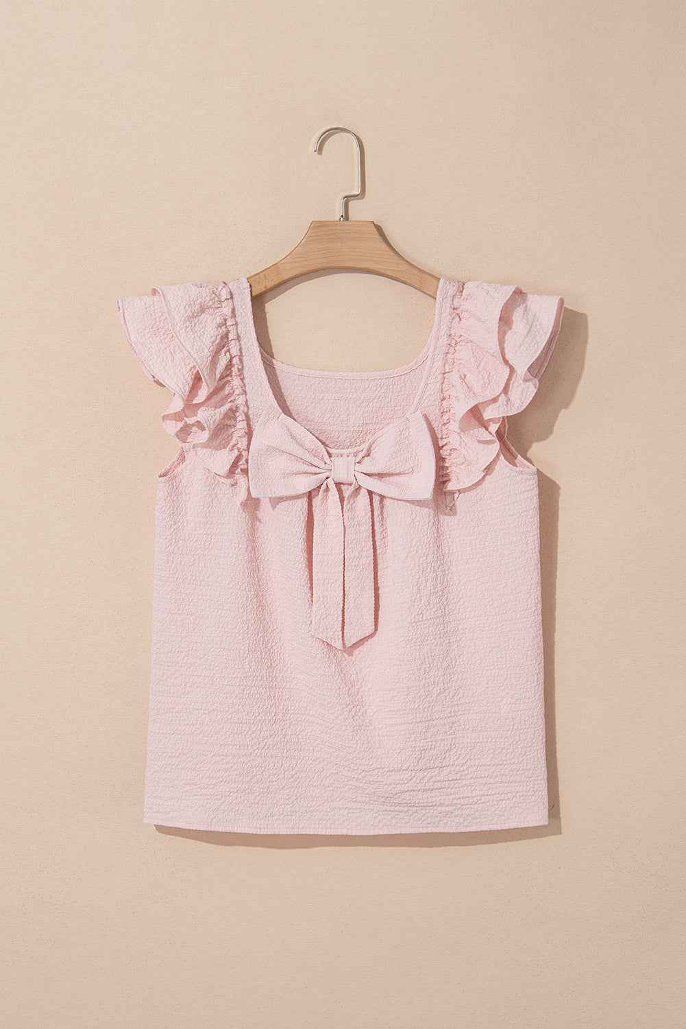 Gossamer Pink Textured Bow Frilled Ruffle Sleeve Blouse