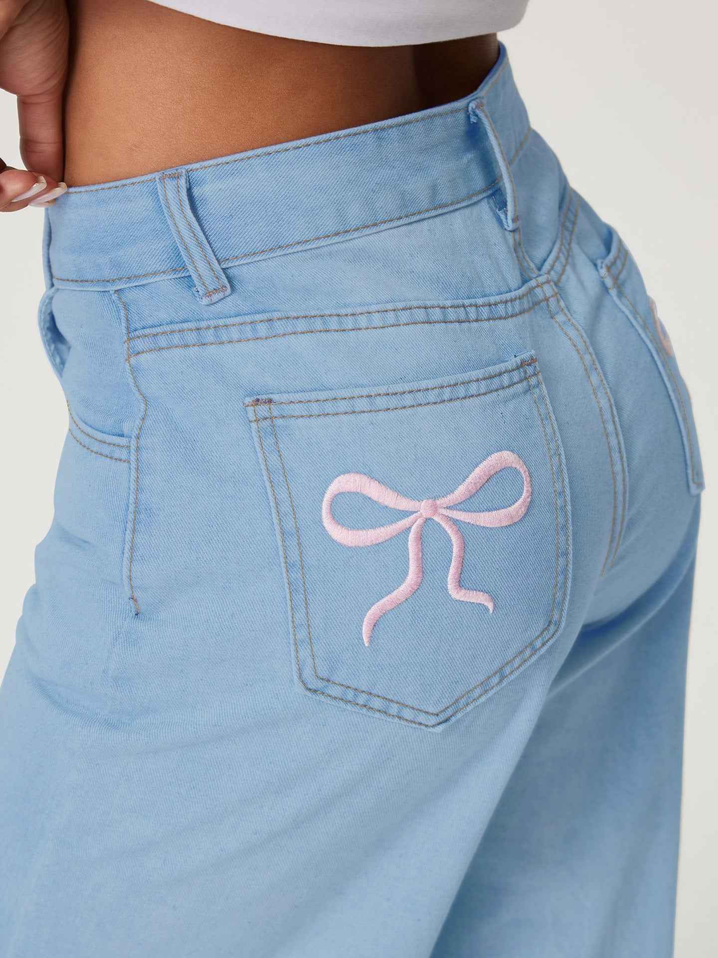 Embroidered Bow Back Wide Leg Jeans