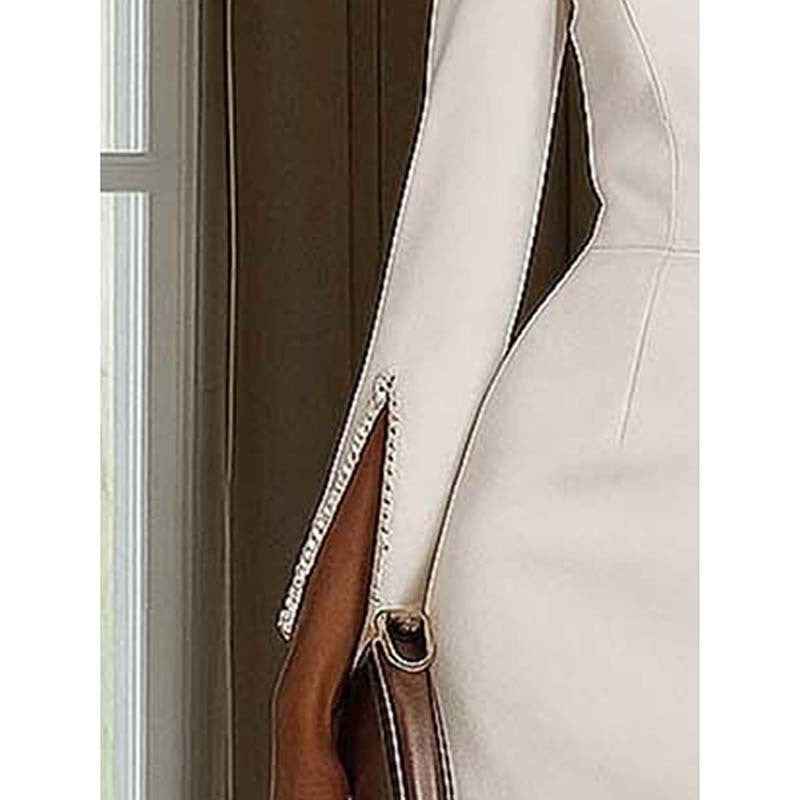 Women's Elegant Pearl Accent Bodycon Midi Dress With Sleeve Split & Back Zipper, Formal Cocktail Party Club Dress