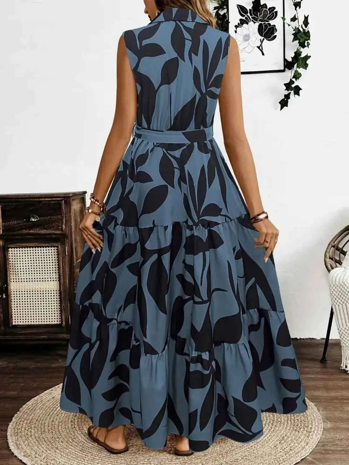 Printed Tie Waist Sleeveless Maxi Dress