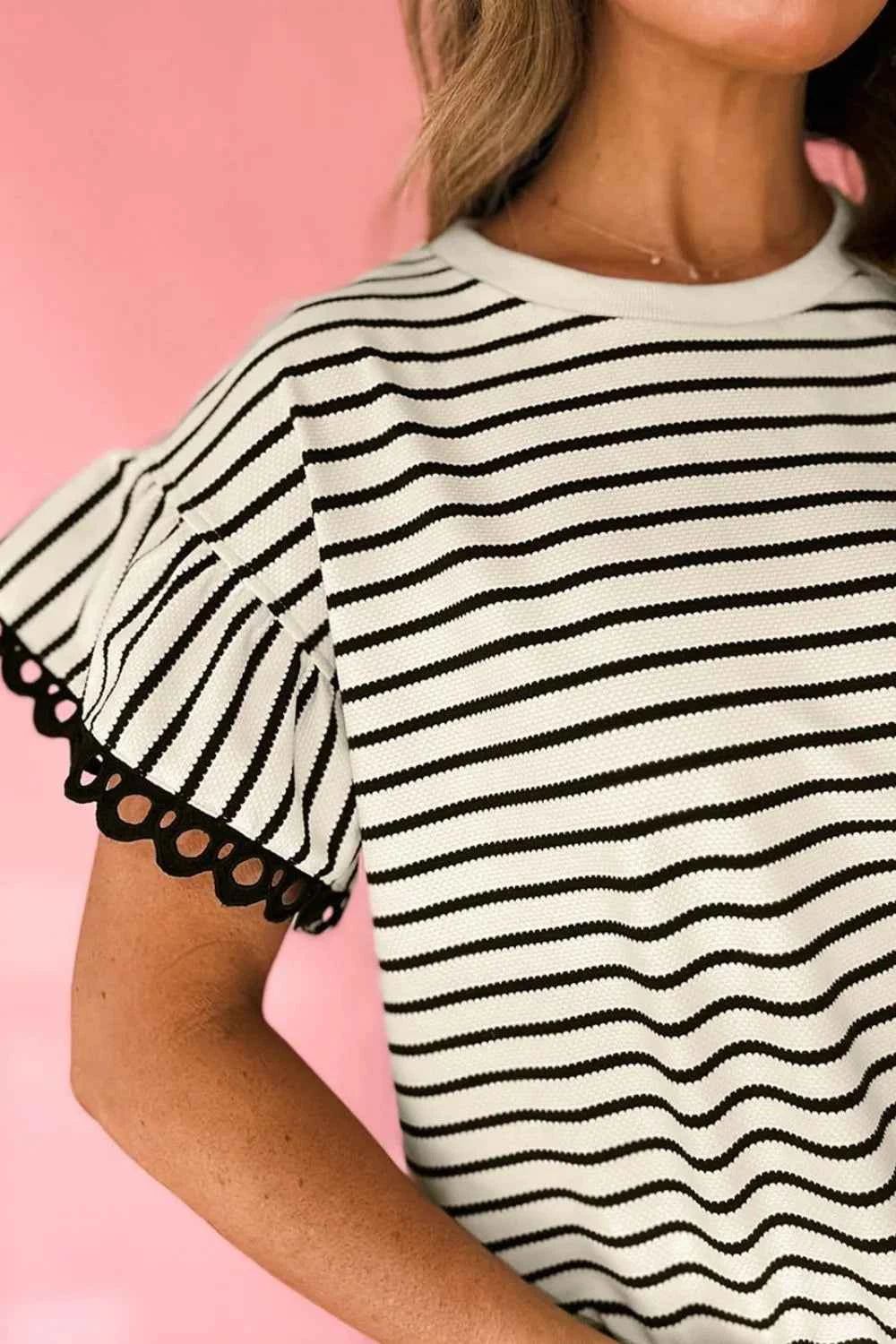Striped Round Neck Ruffle Sleeve Blouse
