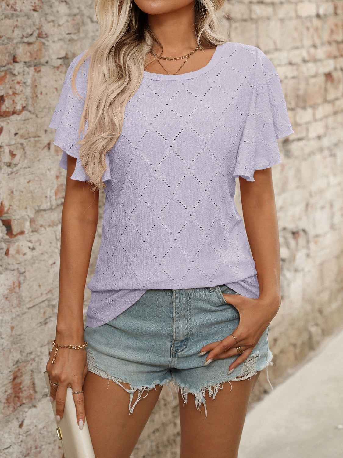 Eyelet Round Neck Flutter Sleeve Top