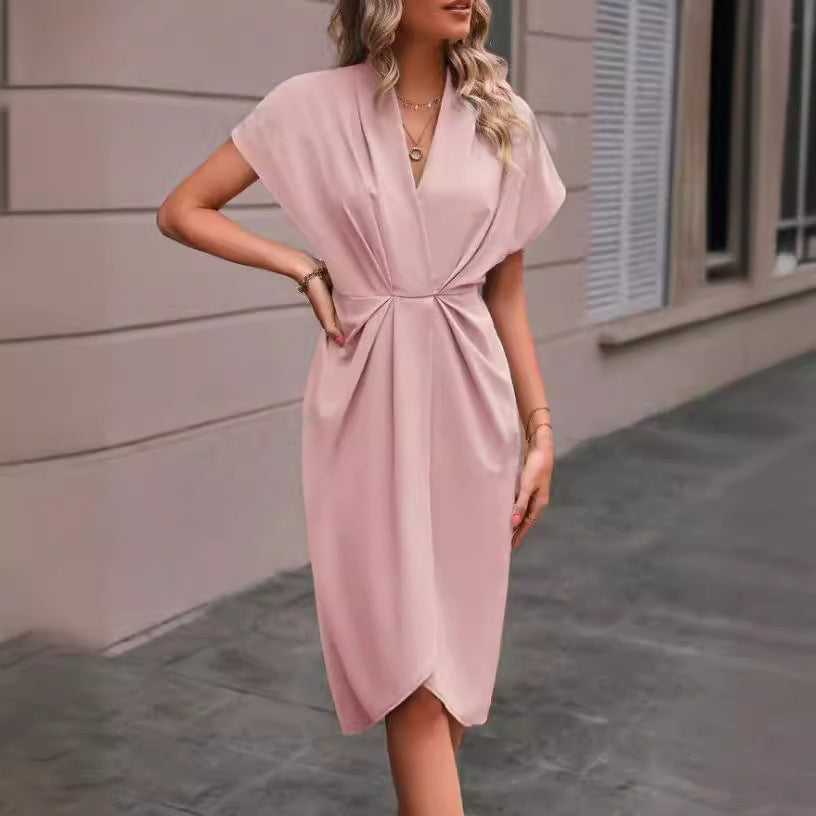 Summer Batwing Sleeve Dress - Stylish V-neck Pleated Short Sleeve Dress for Women - The Eggy's store