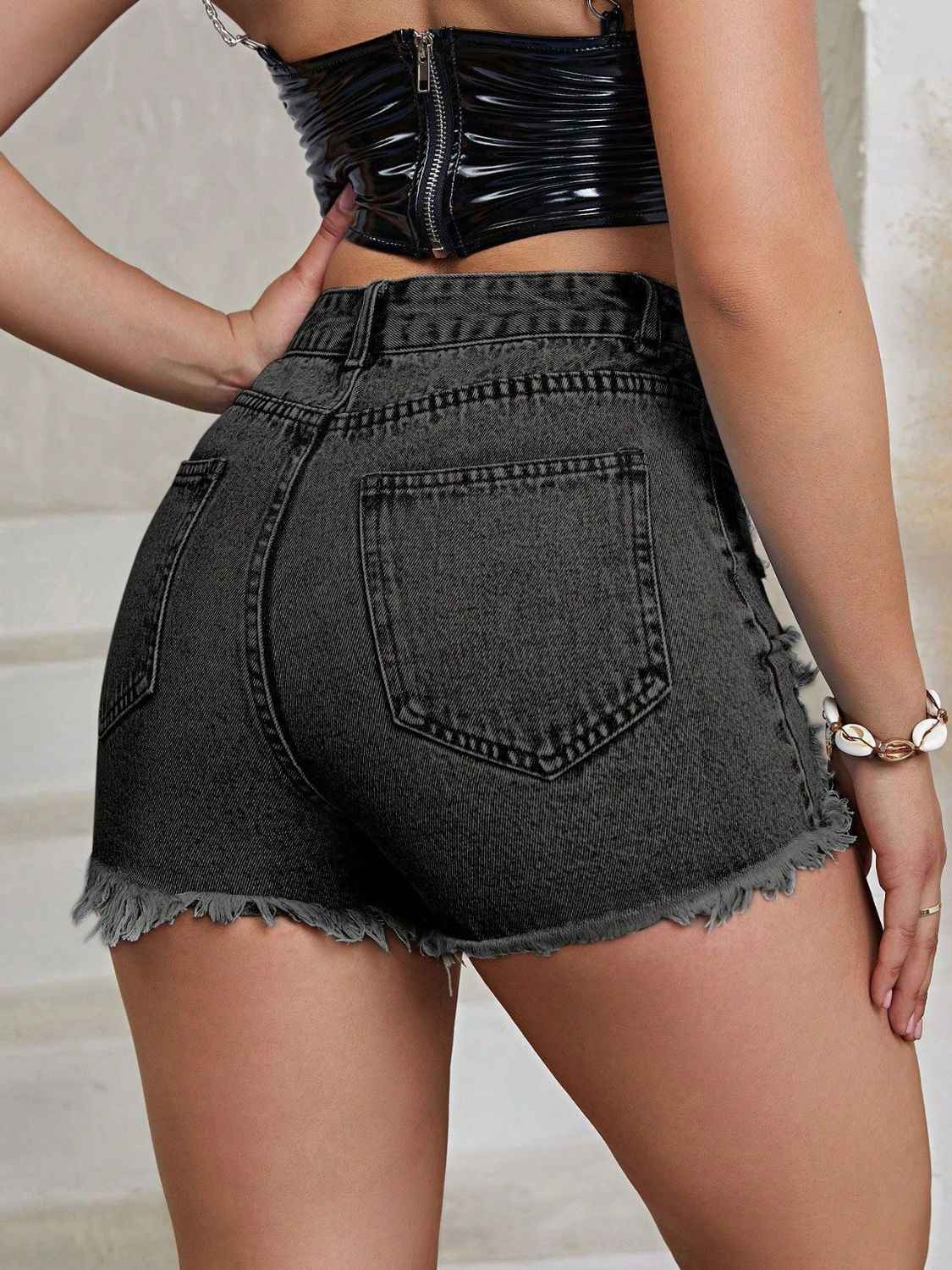 Distressed Raw Hem High Rise Denim Shorts