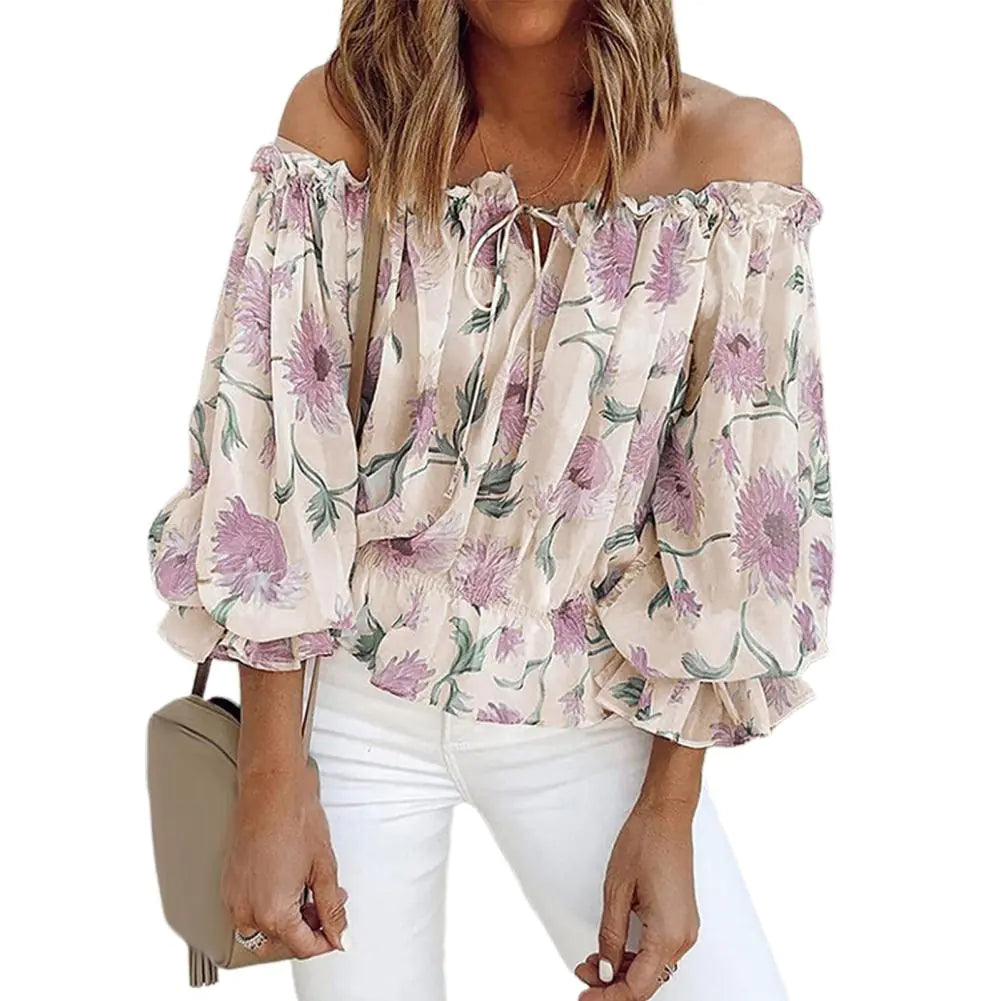 Women's Off-Shoulder Chiffon Print Long Sleeve Women's Top