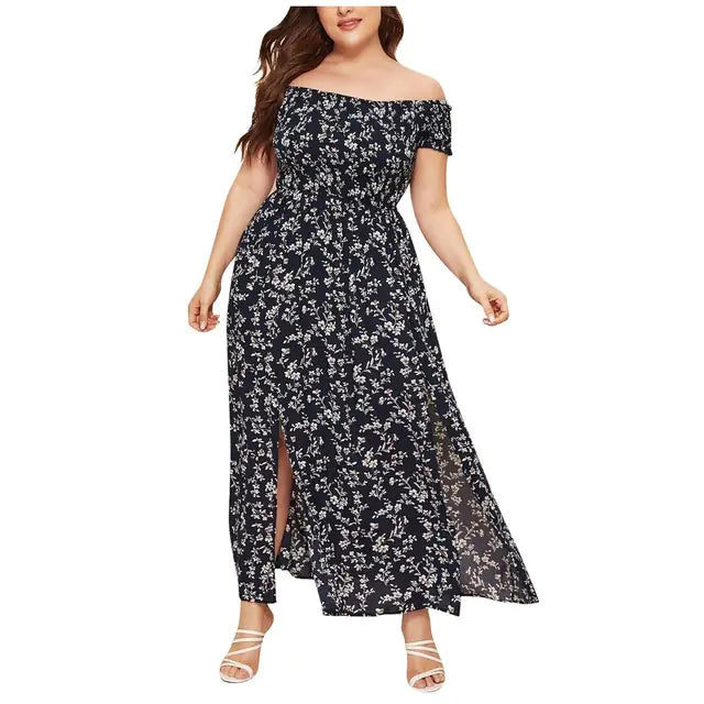 Plus Size Floral Print Off-Shoulder Dress