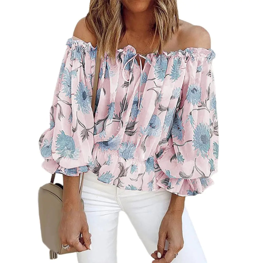 Women's Off-Shoulder Chiffon Print Long Sleeve Women's Top