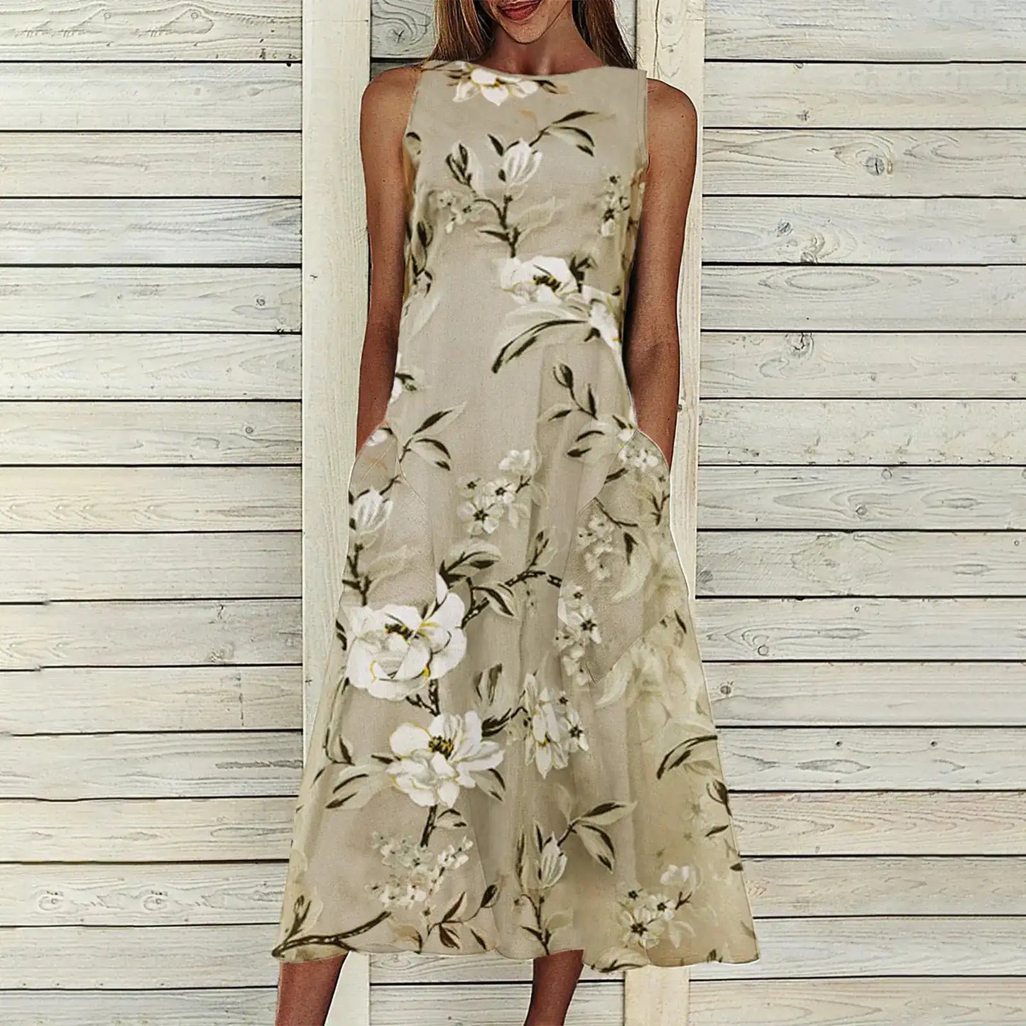 Floral A-line Dress with Round Neck and Mid-length Dress
