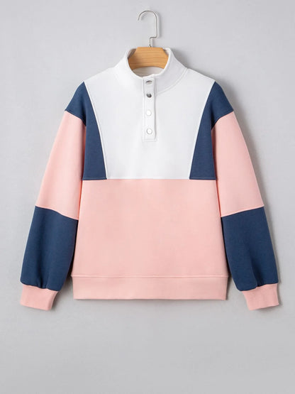 Colorblock Patchwork Half Button Women's  Sweatshirt