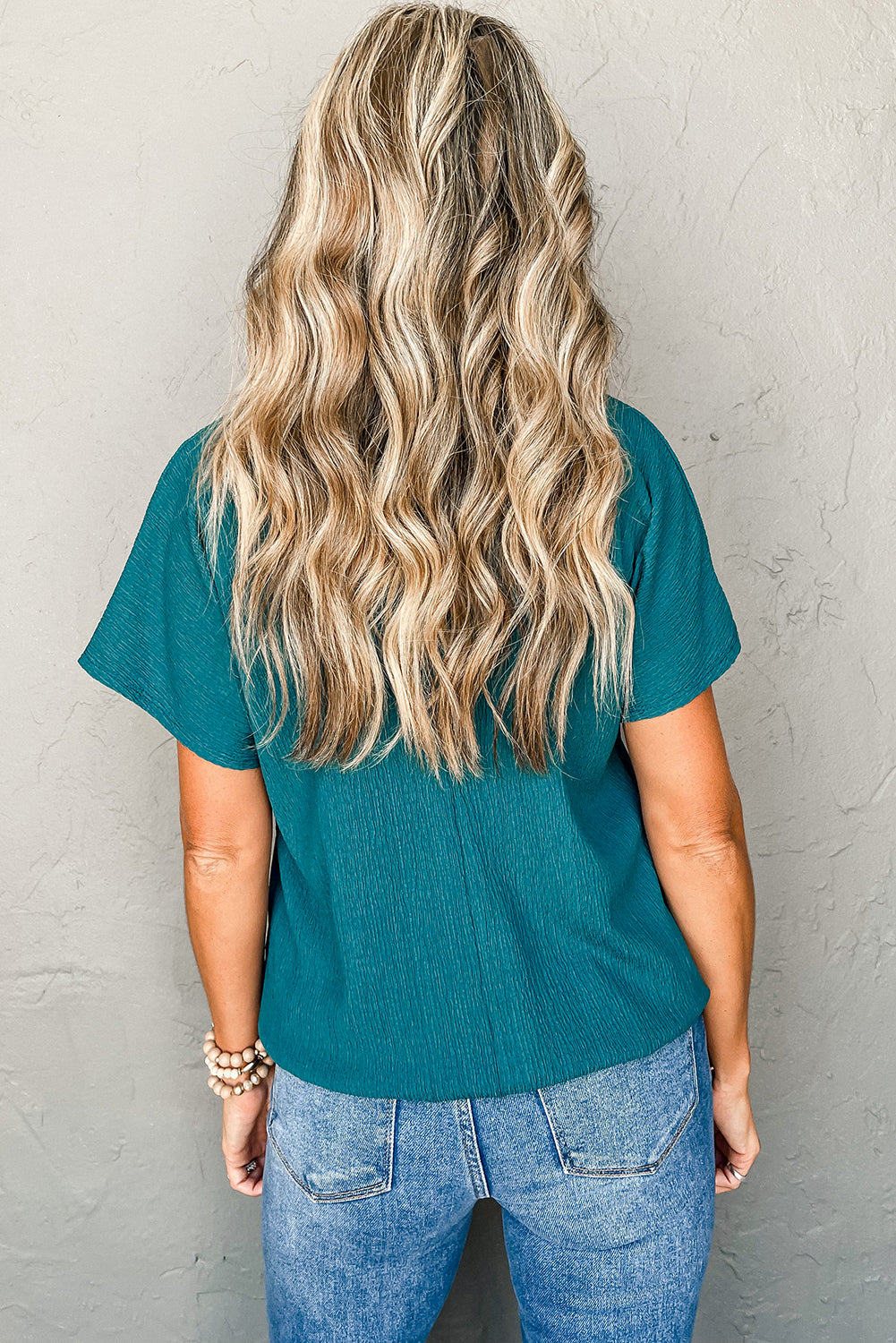 Crinkled V-Neck Wide Sleeve Women's T-Shirt