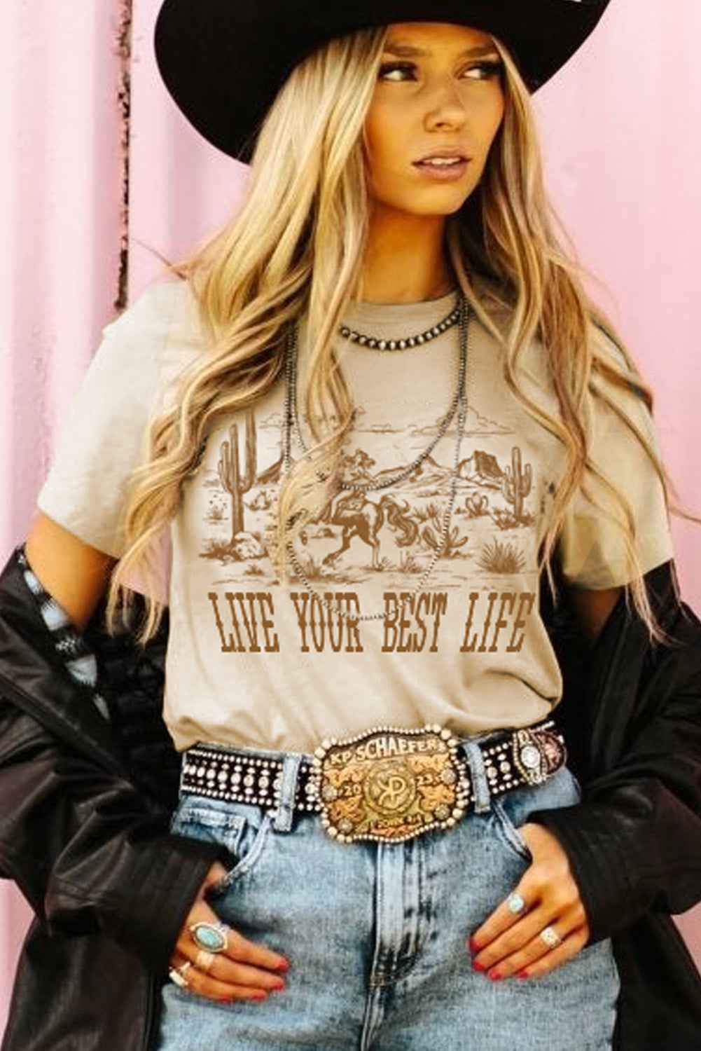 Beige LIVE YOUR BEST LIFE Crew Neck Graphic Tee