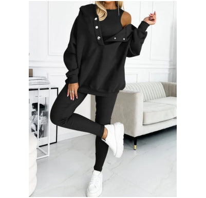 Women's Tank Hoodie Leggings Set - Solid Color 3 Piece Set