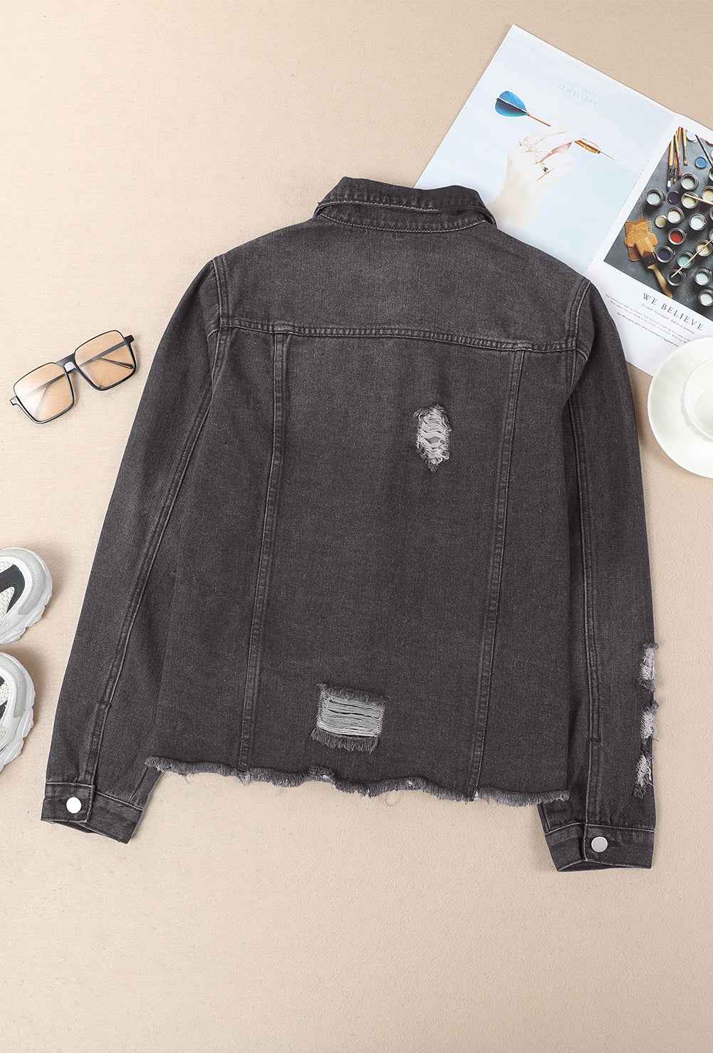 Denim Lapel Distressed Raw Hem Buttoned Jacket