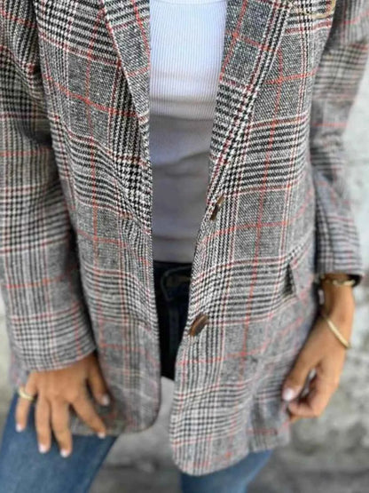 Full Size Plaid Single-Breasted Long Sleeve Blazer Plus Size