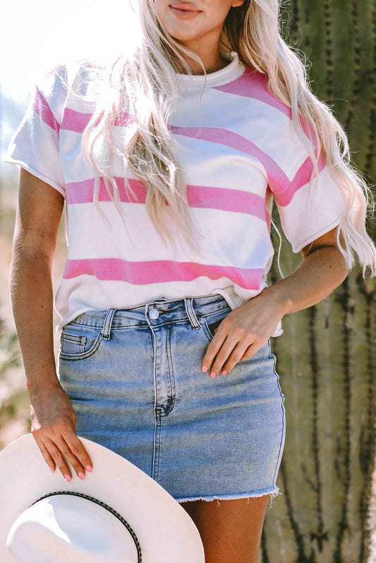 Stripe Knit Dropped Short Sleeve Sweater