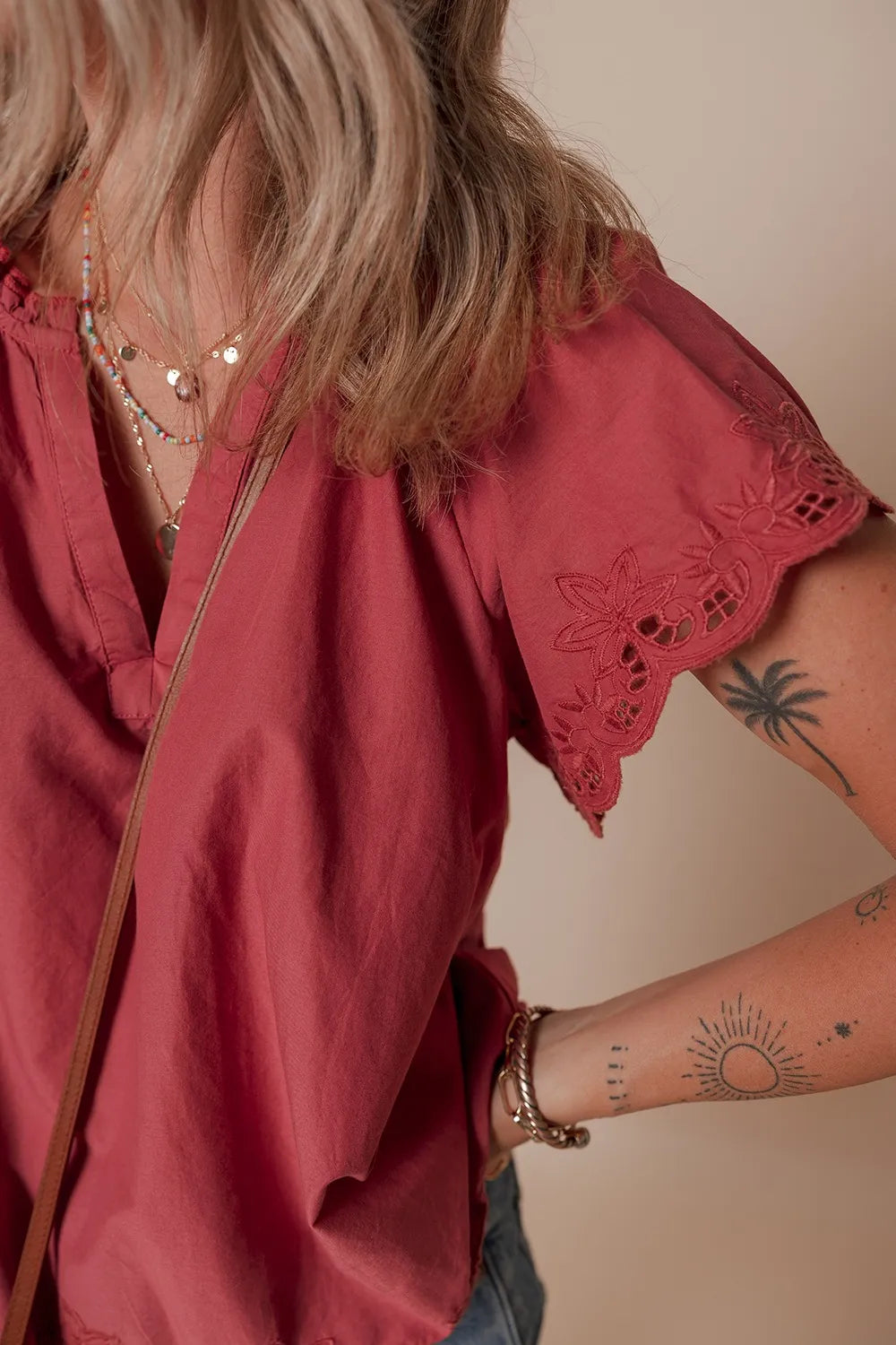 Floral Embroidered Scallop Trim Short Sleeve Notched Blouse - The Eggy's store