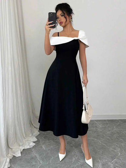 Asymmetrical Neck Contrast Midi Dress