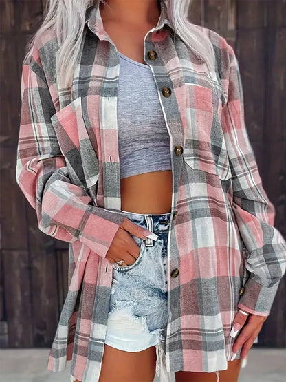 Women Pocketed Plaid Collared Neck Shacket