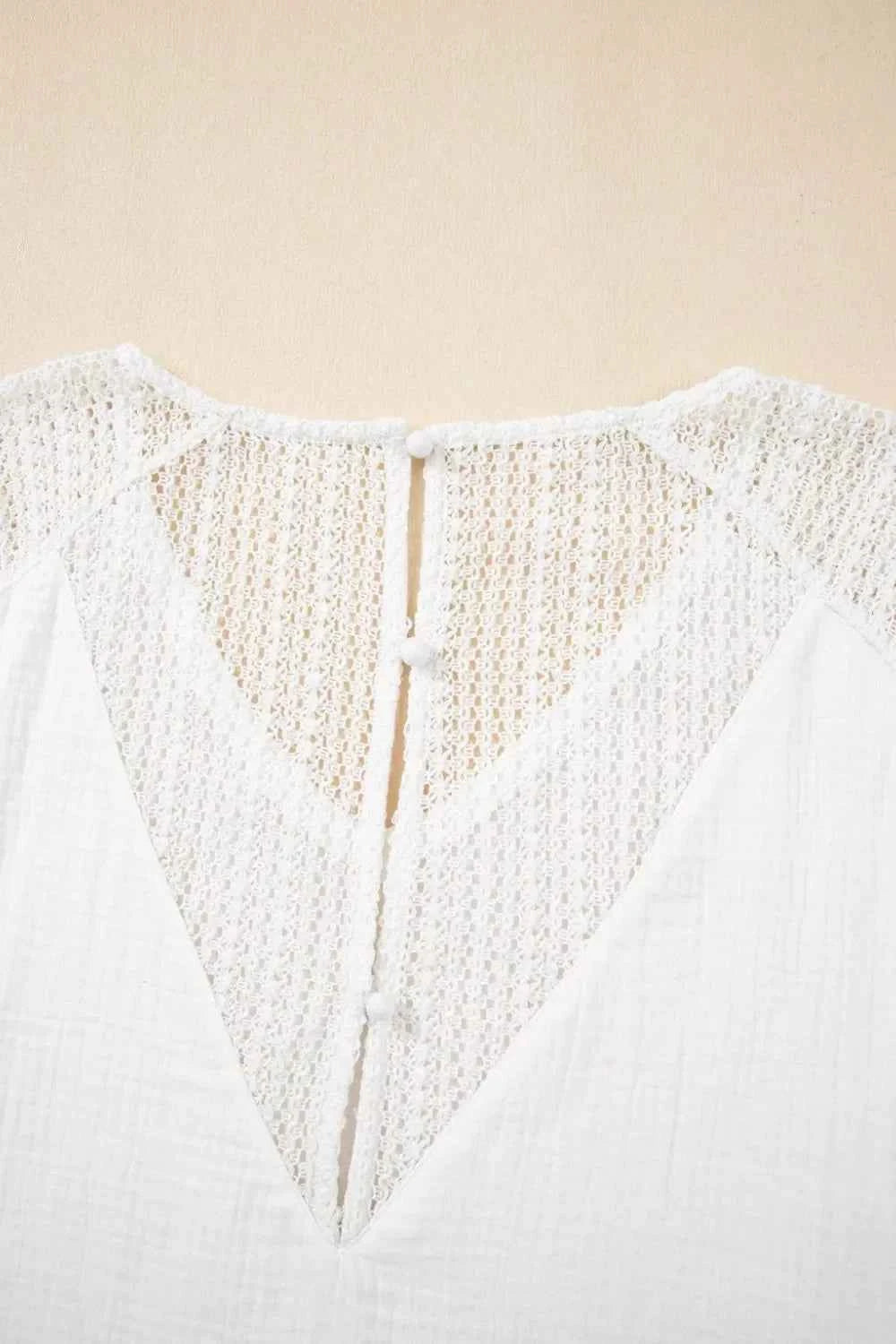 Lace Crochet Textured Button Back V Neck T Shirt