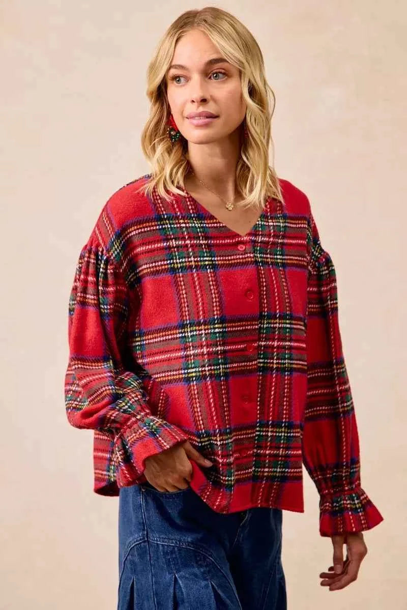 BiBi Christmas Plaid V-Neck Flounce Sleeve Jacket