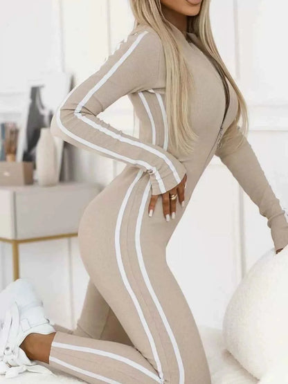 Full Size Stripe Zip-Front Long Sleeve Jumpsuit Plus Size