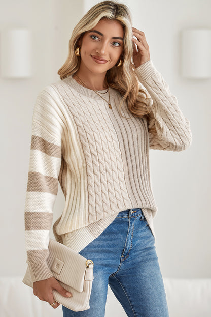 Khaki Cable Knit Colorblock Crew Neck Drop Shoulder Sweater - The Eggy's store