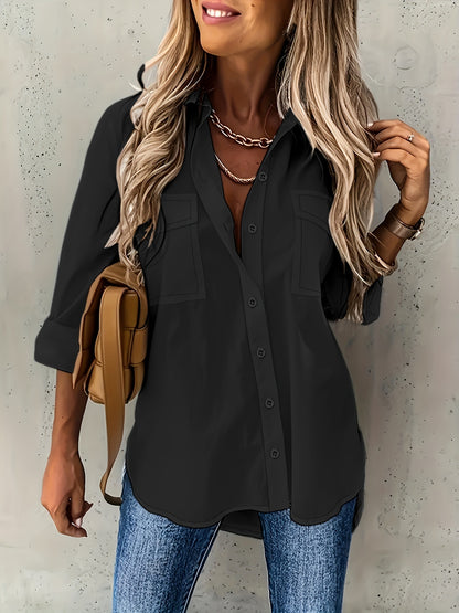 Simple Casual Long Sleeve Blouse with Pocket Women's Blouse