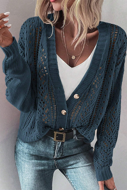 Dark Khaki Hollow Knit Drop Shoulder Cardigan - The Eggy's store