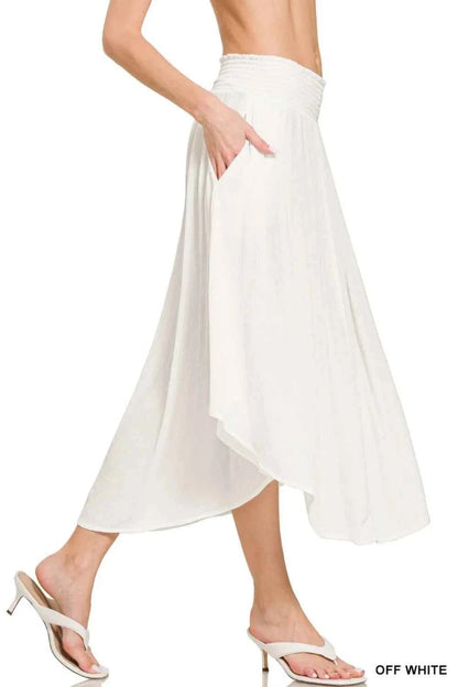 Zenana Woven Crinkle Smocked Waist Maxi Skirt W Pockets