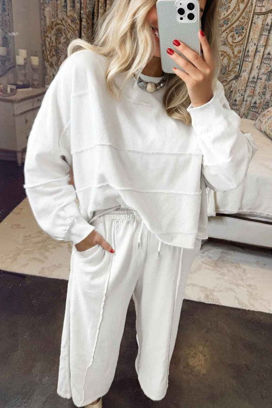 Plus Size Solid Raw Seam Top and Drawstring Pants Set