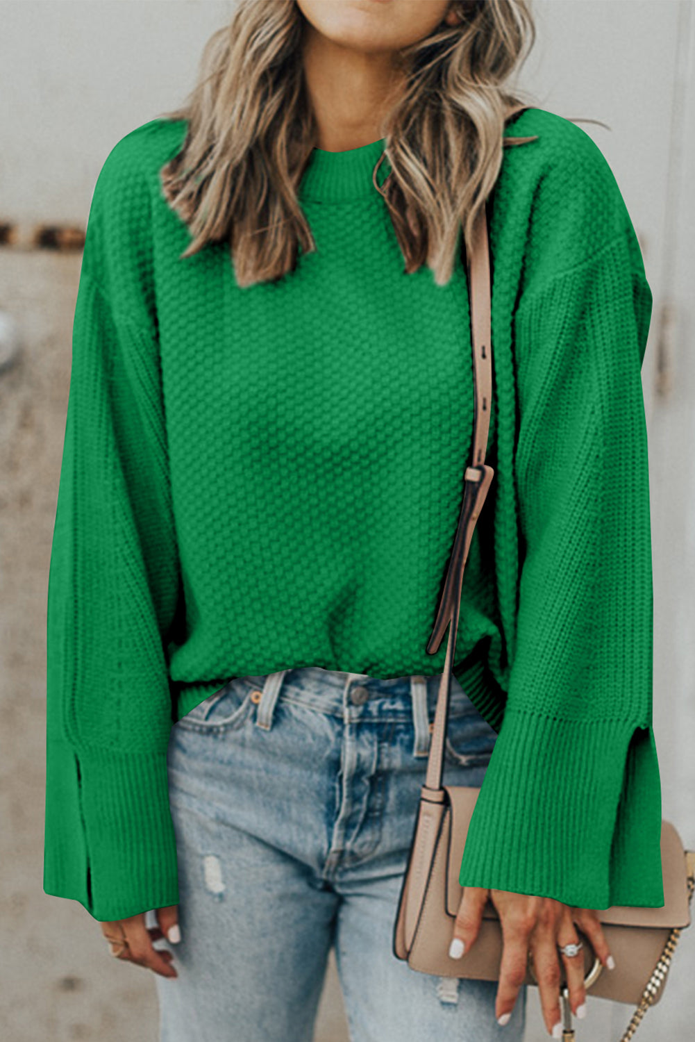 Parchment Solid Textured Knit Split Cuff Drop Shoulder Loose Sweater