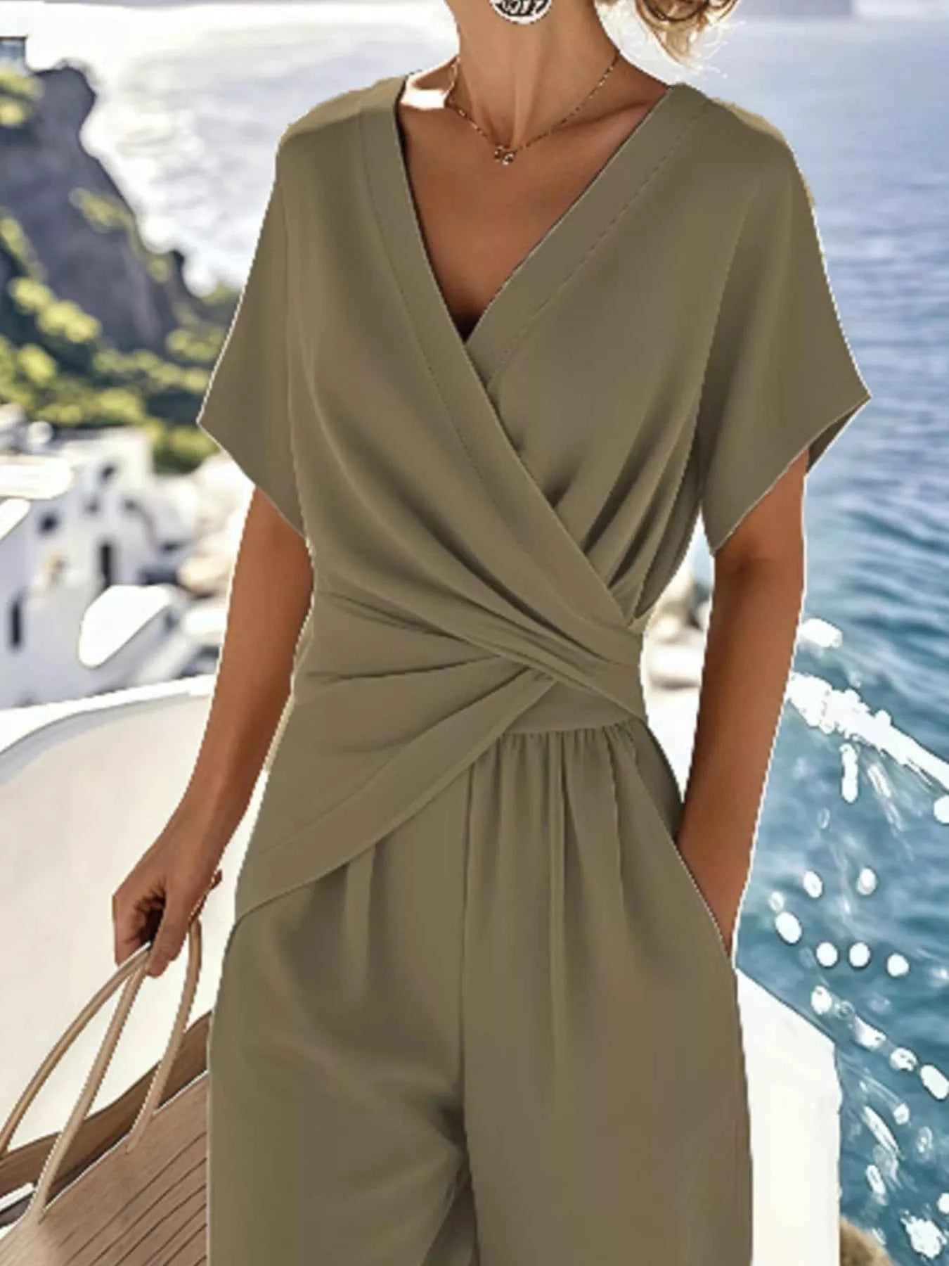 Full Size Surplice Short Sleeve Top and Pants Set Plus Size