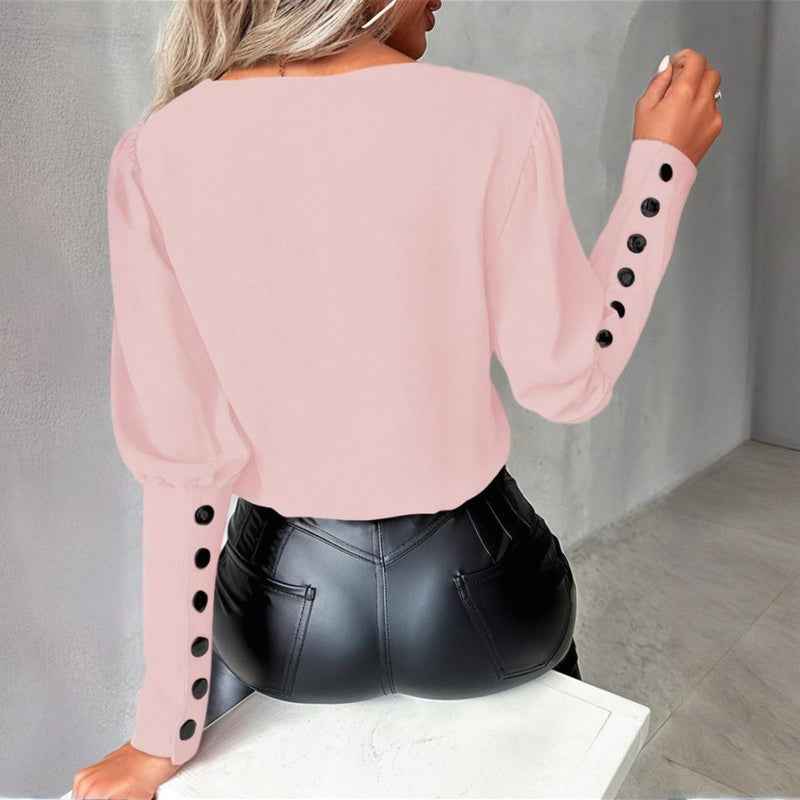 Women's V-Neck Contrast Trim Long Sleeve Blouse With Button Cuff Detail - Casual Comfort Top For Spring&Fall