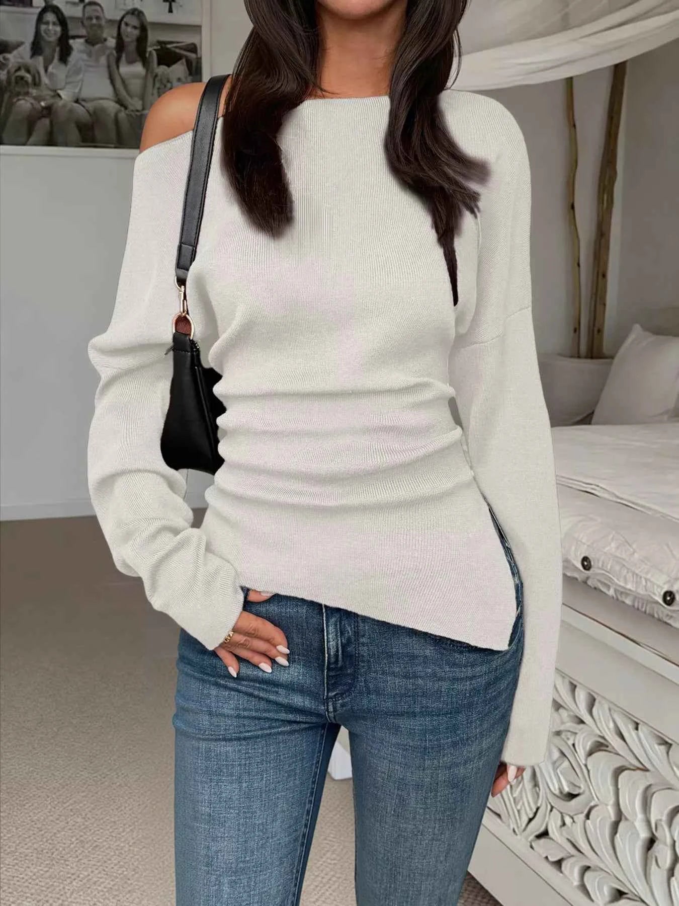 Off-Shoulder Rouched Long Sleeve Sweater
