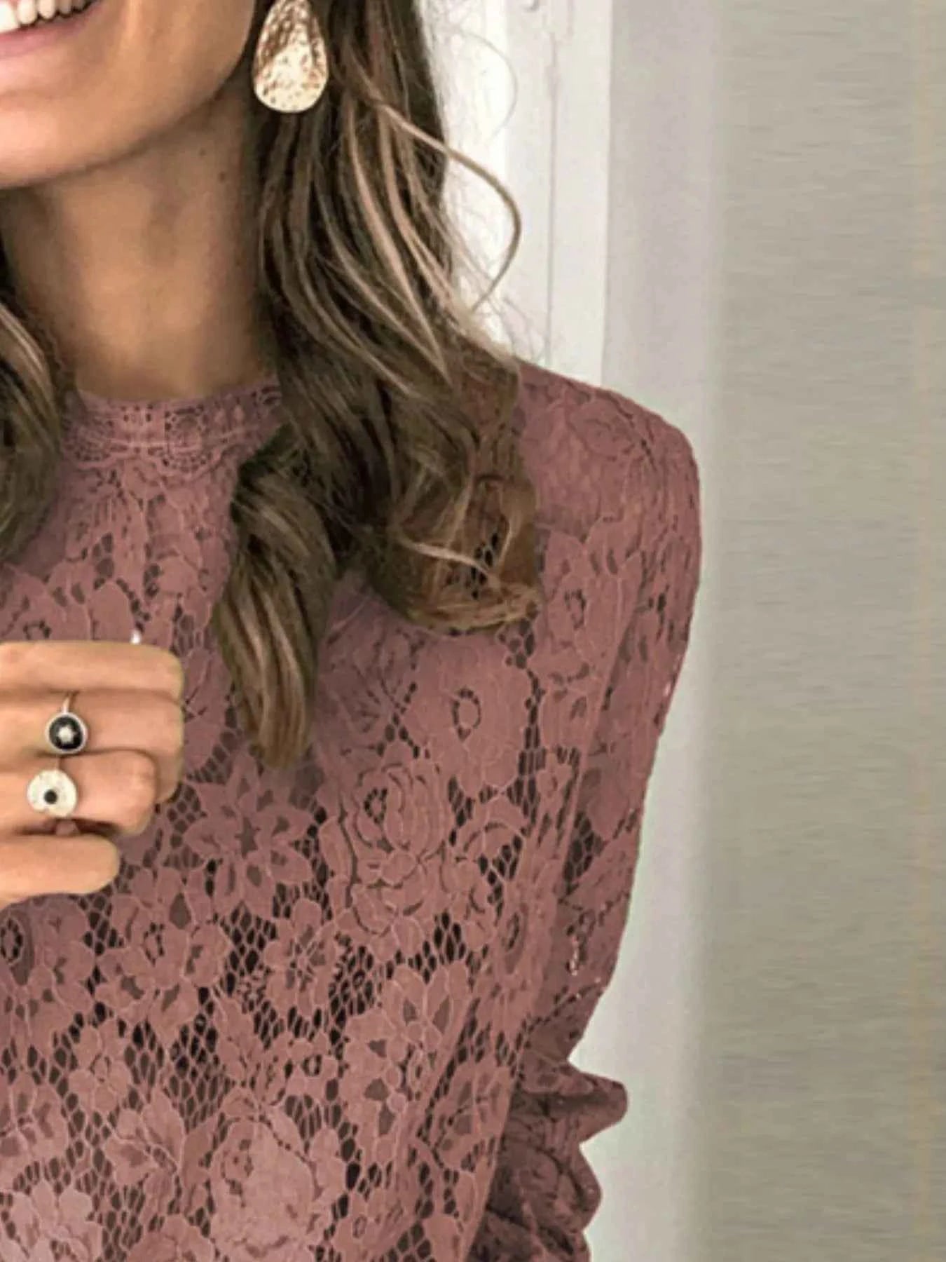 Plus Size Floral Lace Flounce Sleeve Blouse