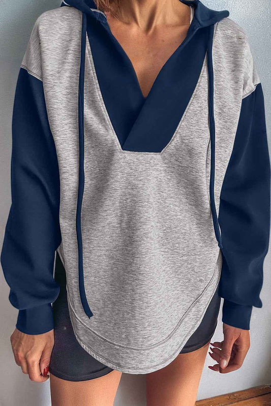 Colorblock Patchwork V-Neck Drawstring Hoodie