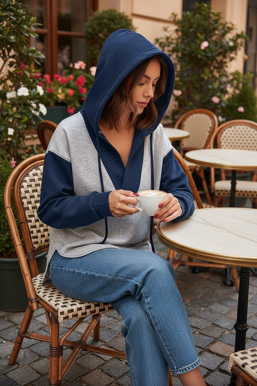 Colorblock Patchwork V-Neck Drawstring Hoodie