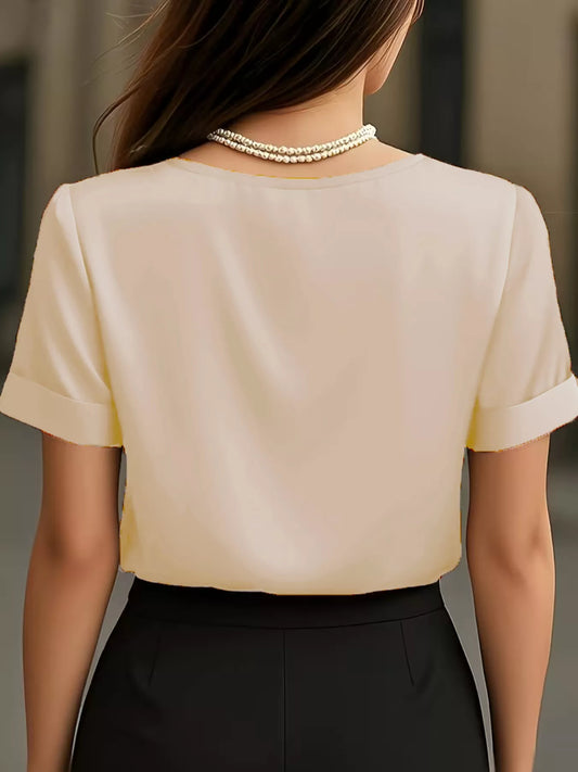 V-Neck Short Sleeve Satin Blouse
