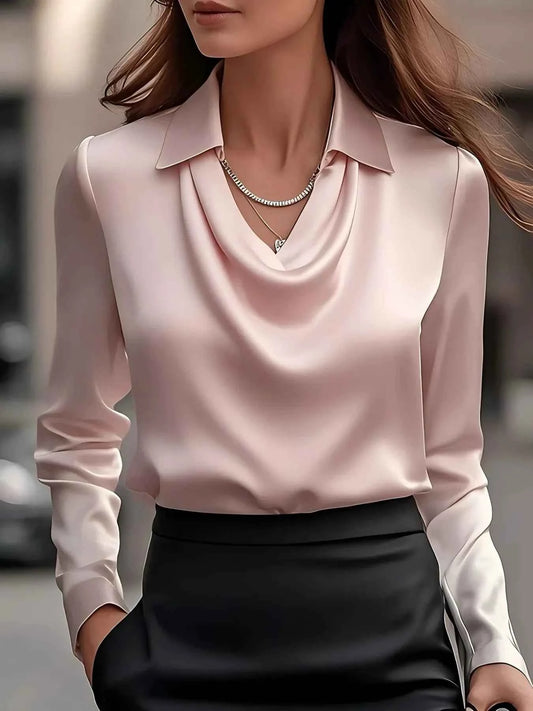 Satin Collar Long Sleeve Blouse for Women Office Wear