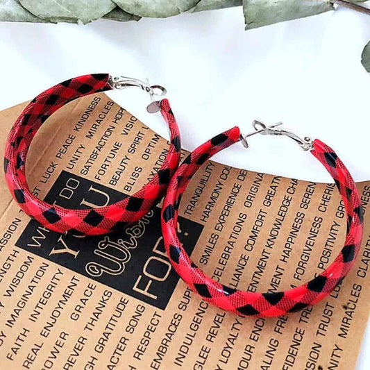 Plaid PU Leather Hoop Holiday Earrings