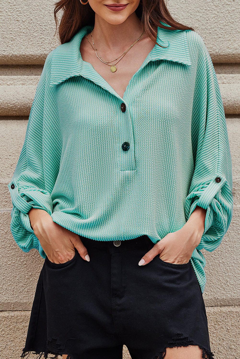 Corded Knit Roll-Up Sleeve Collared Henley Top