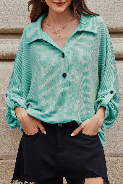 Corded Knit Roll-Up Sleeve Collared Henley Top