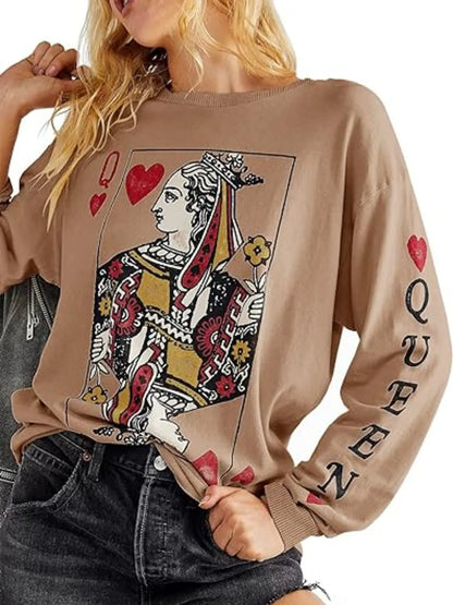 Queen of Hearts Playing Card Graphic Round Neck Sweatshirt