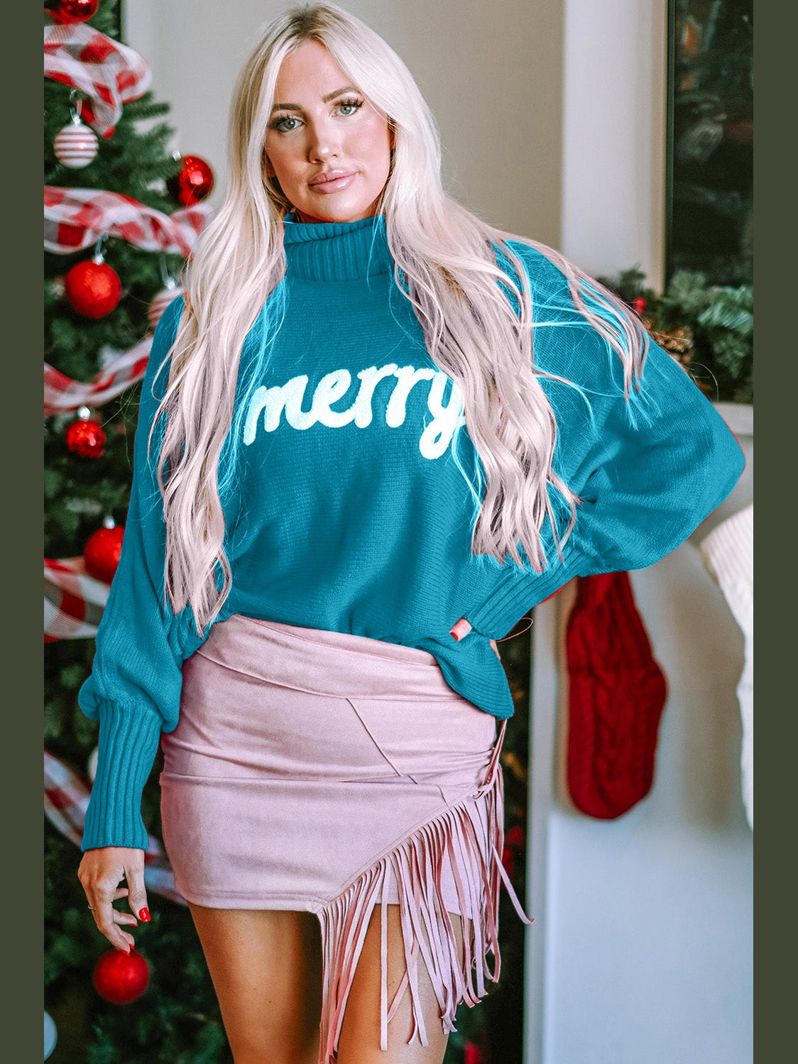 Double Take Full Size Merry Christmas Turtleneck Long Sleeve Sweater